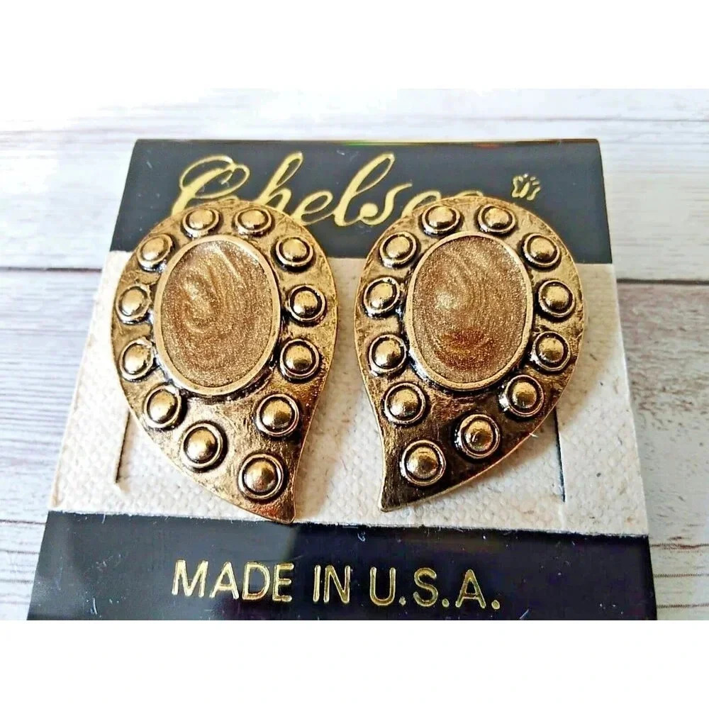 Vintage 1980s Earrrings Teardrop Shaped Gold Tone and Enamel